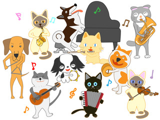 Obraz na płótnie Canvas 犬と猫のコンサート。犬と猫が楽器を演奏している