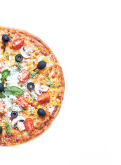 Pizza with ingredients isolated on white background.
