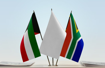 Flags of Kuwait and Republic of South Africa with a white flag in the middle