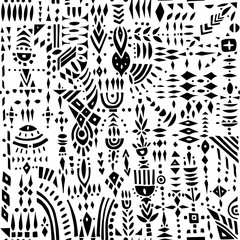 Seamless vector pattern of geometric shapes and stylized flowers. Black and white.