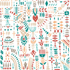 Seamless vector pattern of geometric shapes and stylized flowers. Colorful on white.