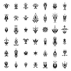 Vector set of decorative black flowers in ethnic style.