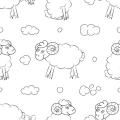 Happy sheep flying in the clouds. Seamless pattern background with lambs. Vector illustration.