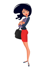 Business woman girl character with folder for papers and handbag posing. Vector illustration of woman in red dress and yellow shirt. 