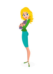 Cartoon student girl. Vector illustration of woman in blue casual dress and yellow shirt. 