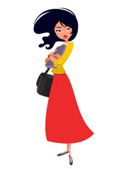 Cartoon model woman. Vector illustration of woman in red casual dress and yellow shirt. 