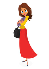 Cartoon model woman. Vector illustration of woman in red casual dress and yellow shirt. 
