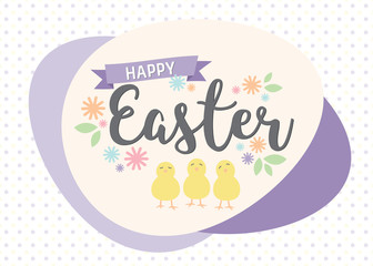 Happy Easter greeting card with flowers and cute chicks on polka dot background. Vector illustration with seasonal springtime colors.