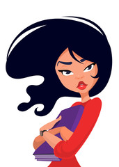 Cartoon teenager girl portrait with curly black haircut . Top-model girl face avatar. Vector illustration