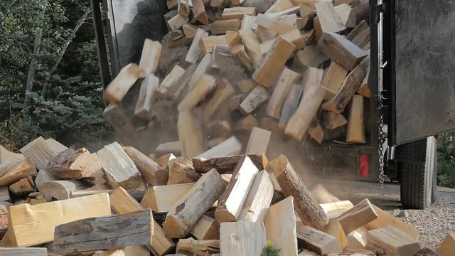 Pouring Firewood From a Dump Trailer.