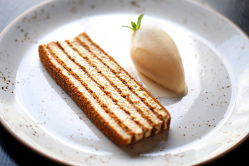 Photo of delicious dessert of honey