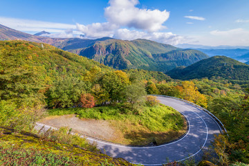 Irohazaka winding road during colorful autumn season at Oku-Nikko area, Nikko, Japan.