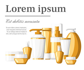 Set of cosmetics contaniers tubes and bottles white and golden plastic containers bottles with spray vector illustration with place for your text isolated on white background