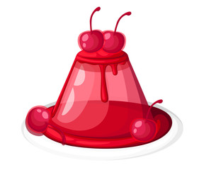Cute red transparent cherry jelly on a plate fruit gelatin dessert decorated cherry vector illustration isolated on white background web site page and mobile app design