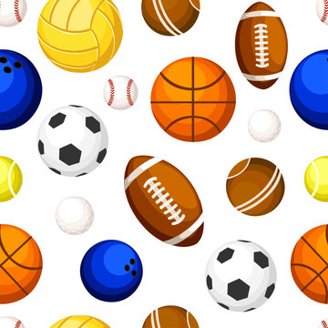 Seamless pattern of sports balls baseball basketball tennis volleyball rugby soccer bowling vector illustration on white background web site page and mobile app design