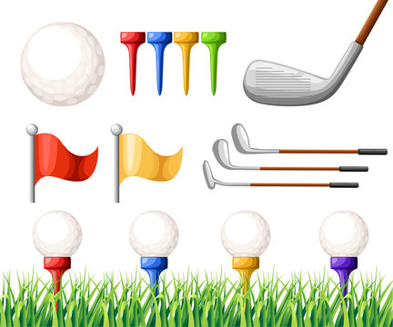 Golf balls on different color tee and various golf clubs green grass golf course vector illustration isolated on white background web site page and mobile app design