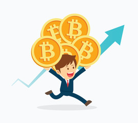 Businessman are happy at the bitcoin prices up. Cryptocurrency market concept. Flat cartoon character design.