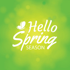Hello spring on green bokeh background. Greeting card design with text lettering.