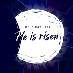 Fototapeta premium He is risen, He is not here. Invitation vector blue color template. Open lighting empty cave shining angel inside. Religious greetings. Jesus up from dead. Light in the end of tunnel. Isolated element