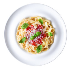Plate with tagliatelle pasta isolated on white background.