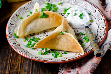 Pancakes stuffed with minced meat and cheese