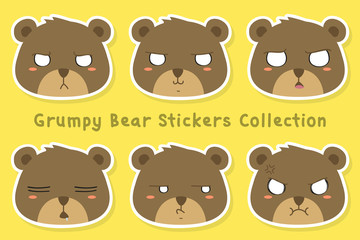 Grumpy bear stickers vector set. Printable animal stickers, bear shaped sticker template cartoon vector.