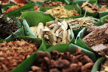 Closeup dried herb for sacrificial offering in Thailand culture celebrations. Thai traditional herb for alternative medicine.