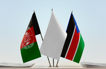 Flags of Afghanistan and South Sudan with a white flag in the middle