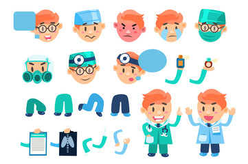 Male doctor animated character set, various face emotions, poses and gestures, parts of body and medical equipment vector Illustrations on a white background