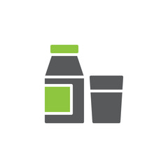 Milk bottle and glass icon vector, filled flat sign, bicolor pictogram, green and gray colors. Symbol, logo illustration