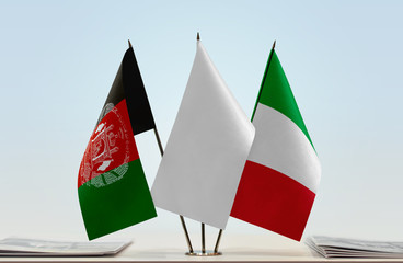 Flags of Afghanistan and Italy with a white flag in the middle