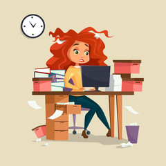 Woman in office stress vector illustration of cartoon girl manager working on computer with disheveled messy hair and documents piles. Overwork and deadline office work concept