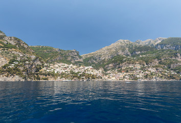 Naklejka premium Positano seen from the sea on Amalfi Coast in the region Campania, Italy