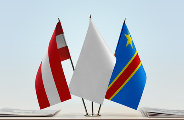 Flags of Austria and Democratic Republic of the Congo (DRC, DROC, Congo-Kinshasa) with a white flag...