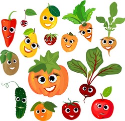 Big set of vegetables and fruits with smiling faces on white background