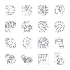 Set of thin icons related to artificial intelligence and data science mono line. Editable Stroke.
