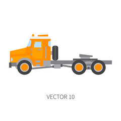 Color plain vector icon construction machinery truck container. Industrial style. Corporate cargo delivery. Commercial transportation. Building business. Diesel trailer power. Illustration for design.