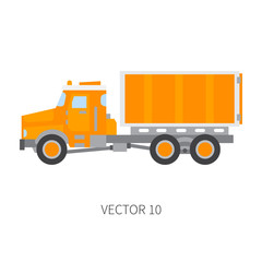 Color plain vector icon construction machinery truck container. Industrial style. Corporate cargo delivery. Commercial transportation. Building business. Diesel trailer power. Illustration for design.