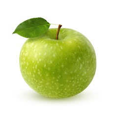 Green Apple with leaf, isolated on white