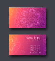 Creative template for designer, photographer or studio. Vector editable pattern with front and back side visit cards. Busines card vith mandala arabesque design doodle and brightful colorful warm