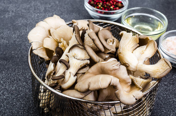 Oyster mushrooms for cooking on gray background