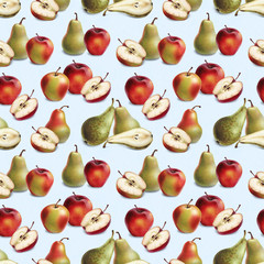 Seamless pattern with watercolor illustrations of apples and pears