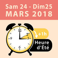 Date du passage &agrave; l'heure d'&eacute;t&eacute; 2018. Illustration vectorielle. Fran&ccedil;ais.