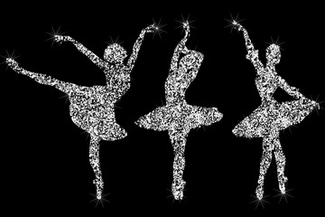 A set of shiny sparkling ballerin icons. Silhouettes of jewelry dancing ballerinas. Brilliant icon. The effect of a diamond. Transparent silvery jeweler icon. Sparkling  icon.