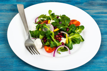 Salad of fresh vegetables, goat cheese and pomegranate seeds