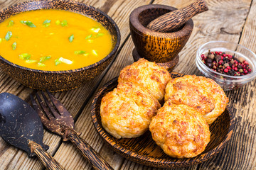 Vegetable soup and cutlets for lunch