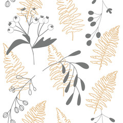 Vector botanical seamless pattern with  stylized rowan tree berries and fern leaves. Hand drawn twigs and berries in pastel colors. © dinadankersdesign