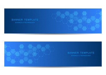 Technological and scientific banners with hexagonal molecule.