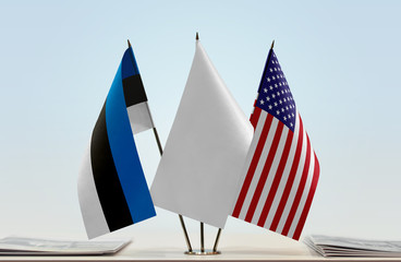 Flags of Estonia and USA with a white flag in the middle