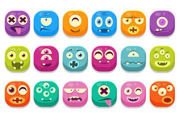 Colorful buttons emoticons sett with different emotions vector Illustrations, funny emoji monsters characters for site, animation, websites, messages, chats, video